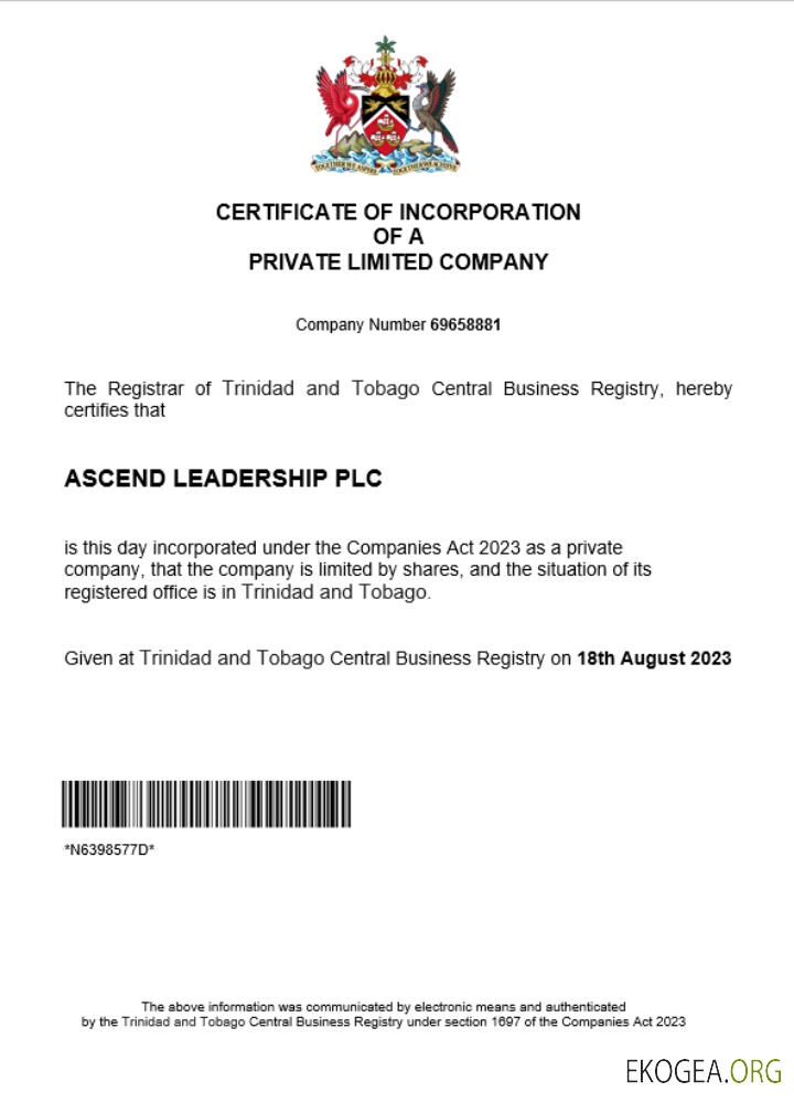 Modèle Word et PDF de certificat d'enregistrement d'entreprise à Trinité et Tobago